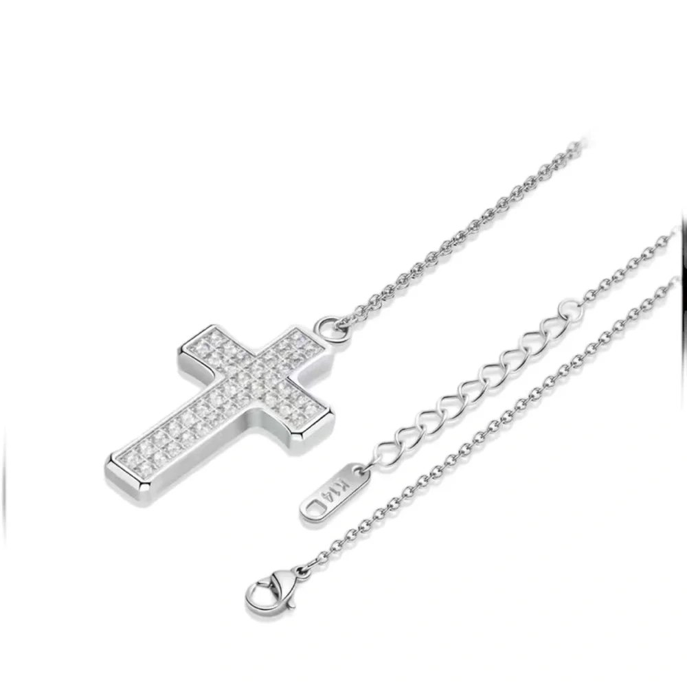 Stainless Steel Silver Cross with Mini Rhinestones Unisex Style - Picture 3 of 5